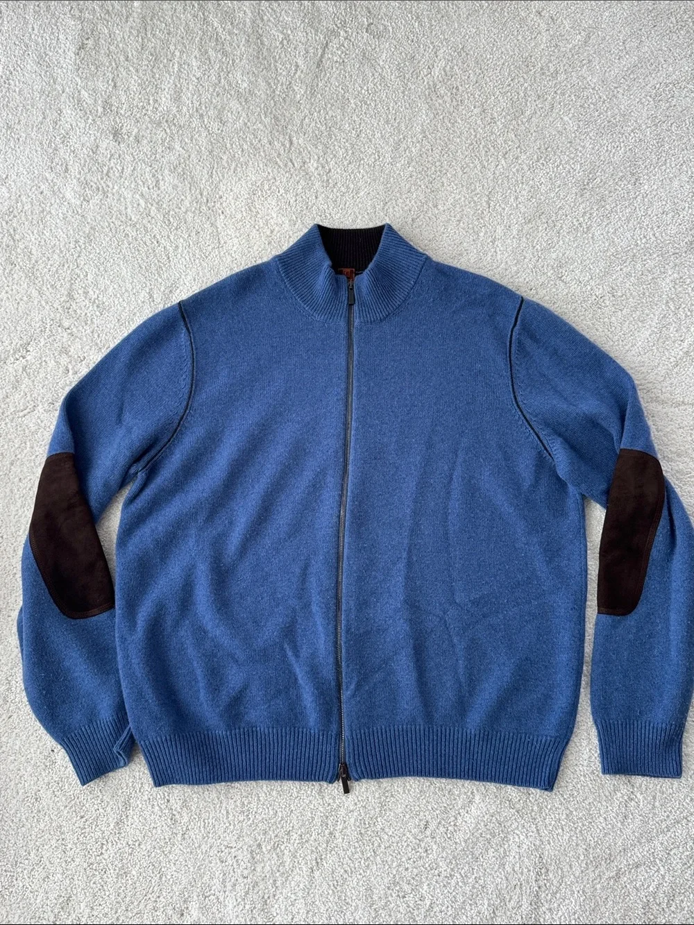 Giorgio’s Palm Beach Cashmere Blue Full-Zip Sweater Leather Elbow Patches